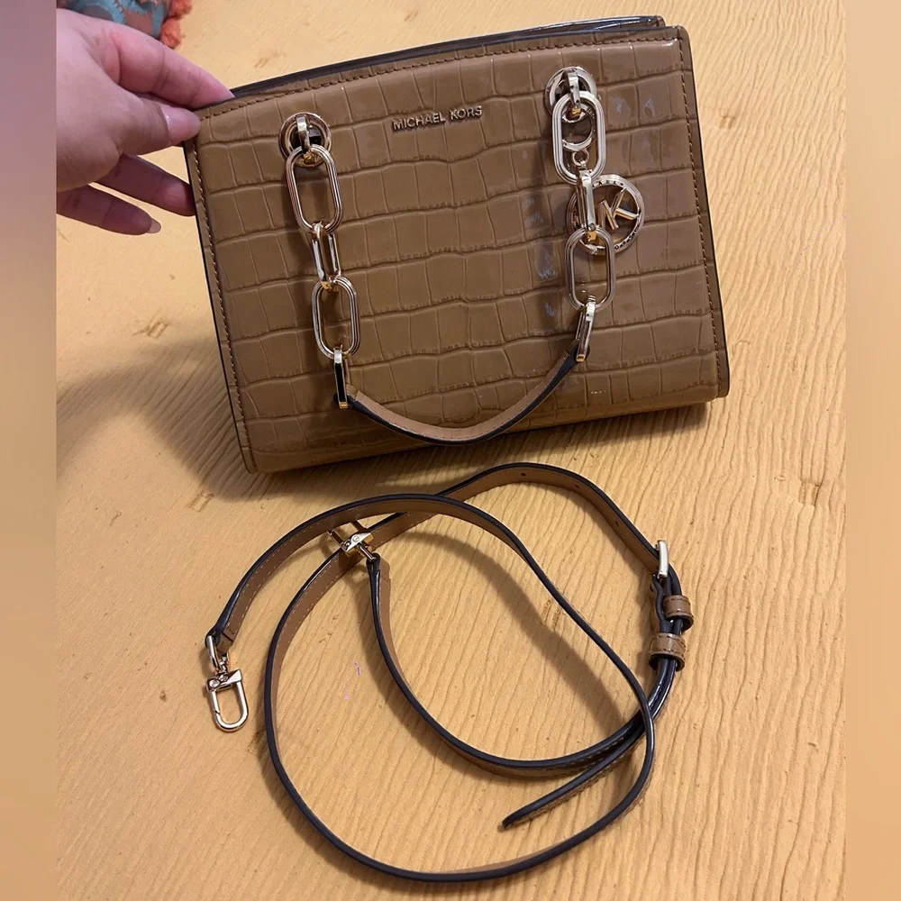Michael Kors Cynthia Small Crocodile Embossed Leather Satchel - Pale Peanut - Picture 12 of 12